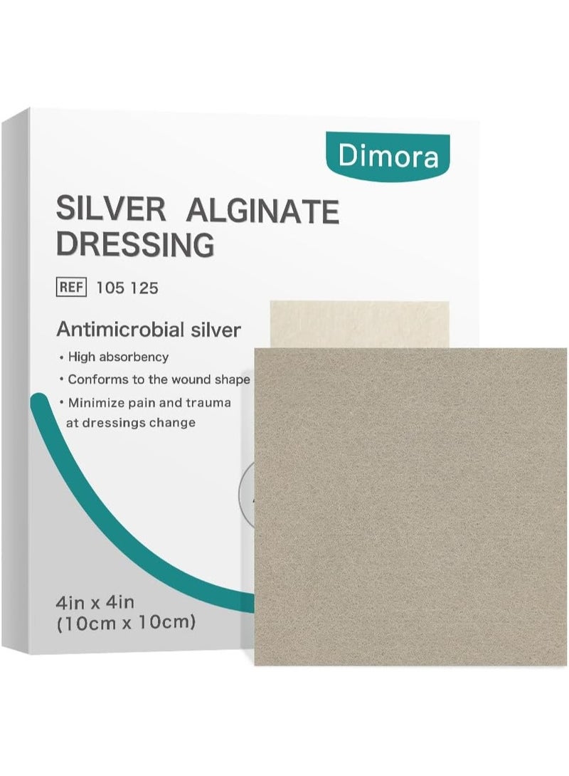 Dimora Upgrade Silver Calcium Alginate Wound Dressing -Antibacterial Non Stick Gauze, Highly Absorbent Sterile Bandage Pads,4'' x 4'' Patches 5 Packs